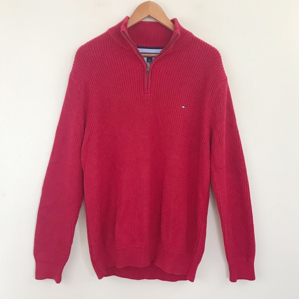 Tommy Hilfiger Red Cotton Knit Ribbed Knit Quarter Zip Sweater Preppy mens L